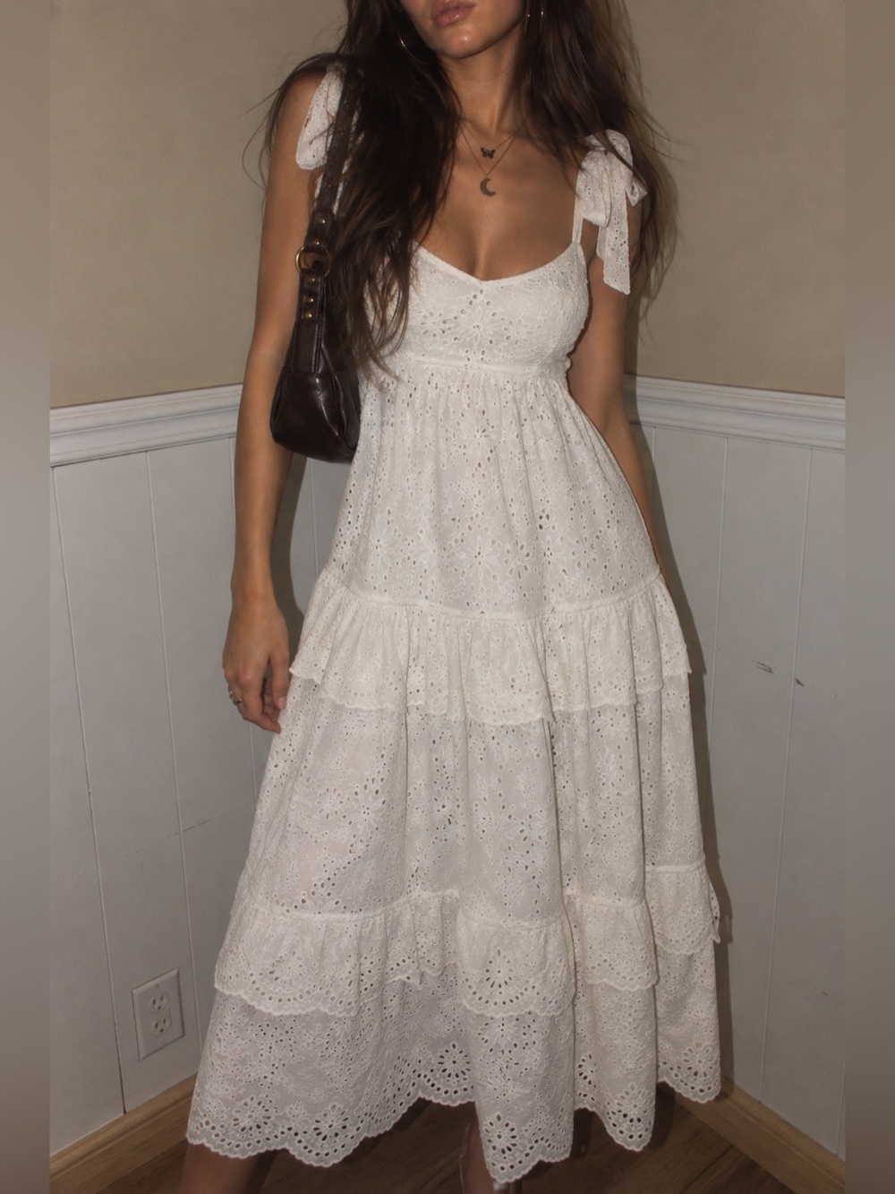 Crown & Ivy NWT White Eyelet Shoulder Tie Tiered Midi Dress Size 4